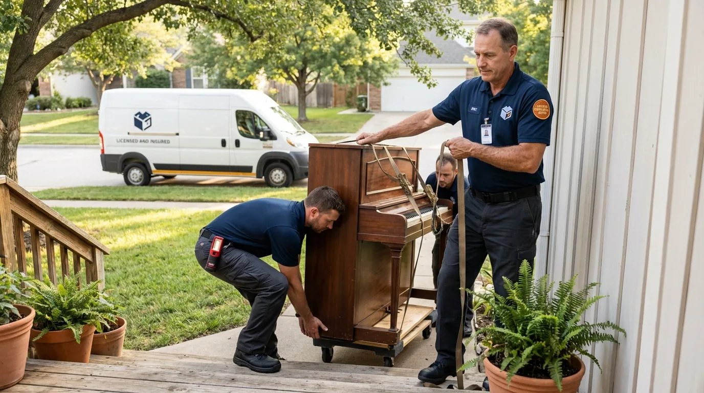 Licensed piano movers securing grand piano in Richlands, VA