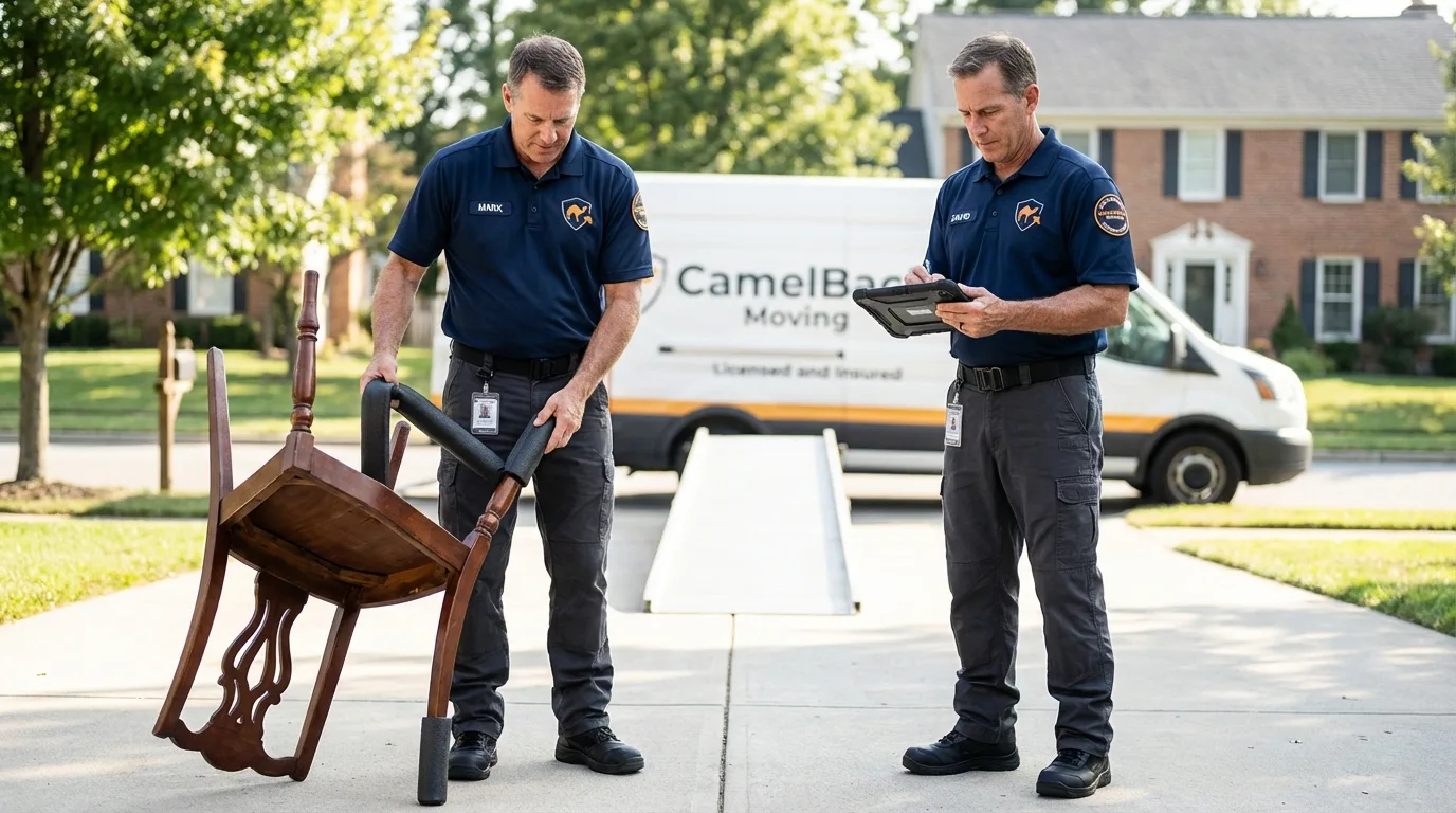 Movers inspecting furniture for damage prevention before loading in Richlands, VA